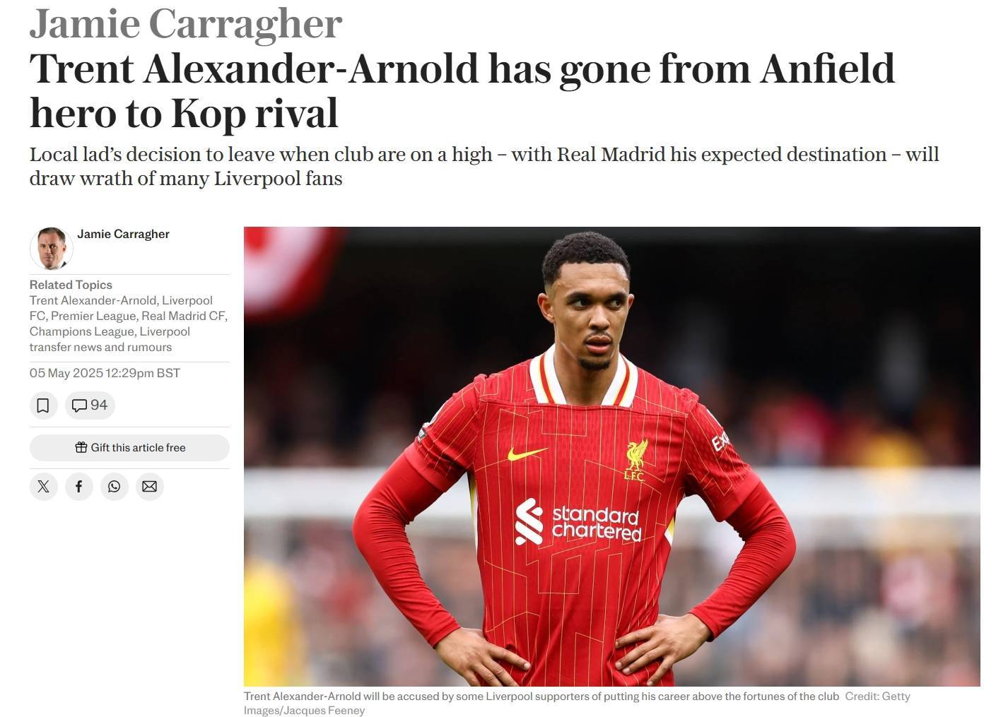 关于卡拉格：若利物浦想确保欧冠资格，下半赛季他们的信息